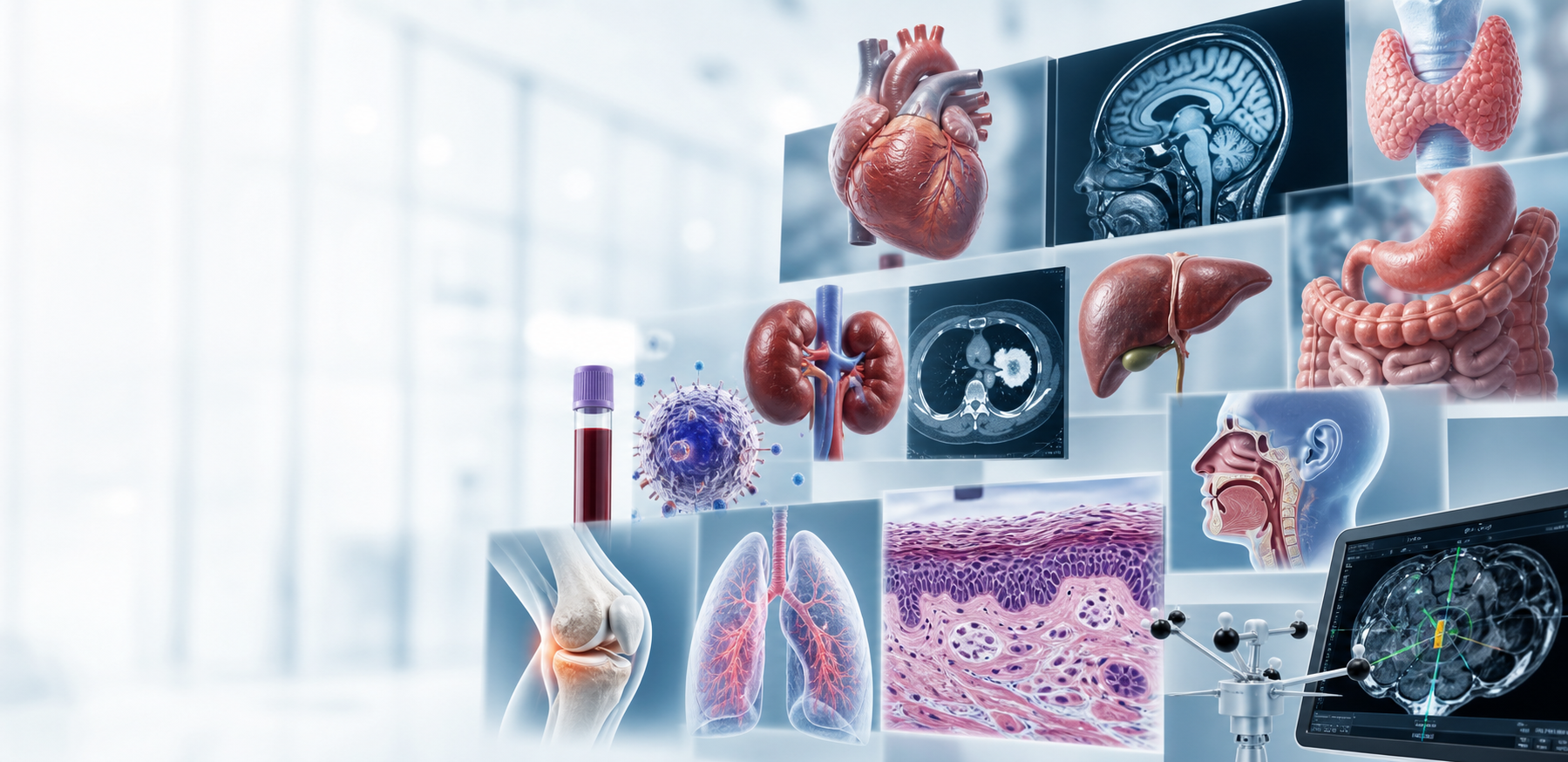 Medical collage showing organs, scans and specialist care themes